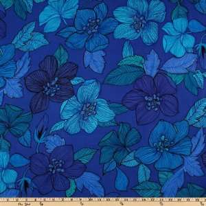  52 Wide Rayon Challis Tropical Flowers Royal/Blue Fabric 