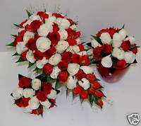   BOUQUET BRIDAL BOUQUETS SILK FLOWER WHITE RED ROSES ROSE SET  