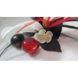 NEW White Lily with Cherries Red and Black Feathers Flower Hair Clip 