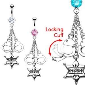 Prong Set Pink Belly Ring with Locking Dangling Handcuffs and Sheriff 