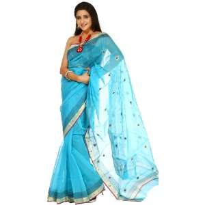  Robin Egg Blue Chanderi Sari with Golden Border and All 