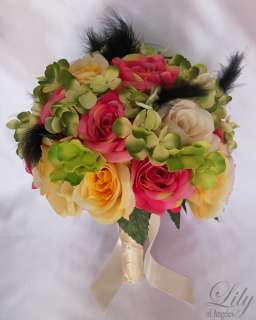   Bouquet Flowers FUCHSIA YELLOW GREEN CLOVER Bride Corsage  