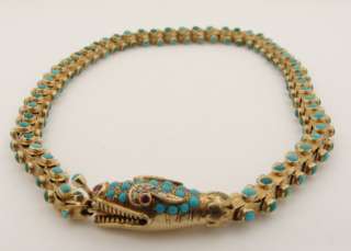 Ladies Antique 18K Yellow Gold Snake Turquoise Necklace  