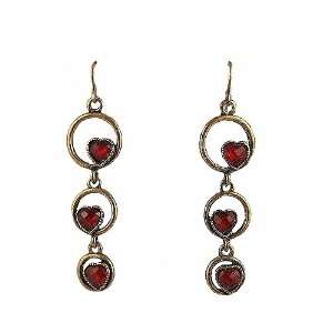  Earrings   3 Hearts in Circles   Antique Gold Tone ~ Red 