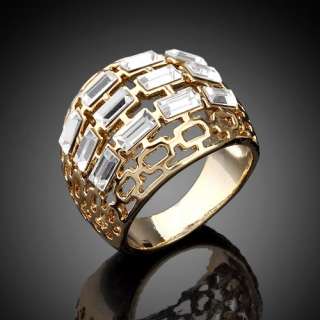 GP Gold tone Finger Ring,Swarovski Cubic Zirconia CZ 3 Bar Hollow Size 