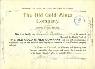 Old Gold Mines Company Colorado Stock Certificate  