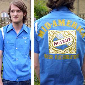 Vintage 70s American US Bill Name Bowling Shirt Falstaff Beer  Blue 
