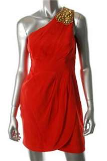 Shoshanna NEW One Shoulder Red Cocktail Dress Embellished Pleated 
