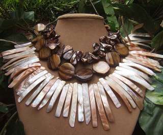 BROWN SHIMMER MOTHER OF PEARL NECKLACE CREAM GOLD BIG NATURAL OCEAN 