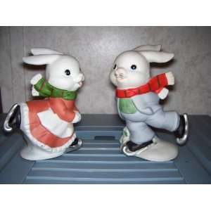  HOMCO Ice Skating Pair Porcelain Bunny Rabbits #5305 4 