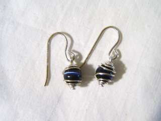 NEW small dark blue bead silver colored wire pierced dangle earrings 