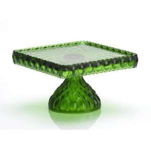   Square Deep Green Glass Cake Stand Hand Made in Ohio 