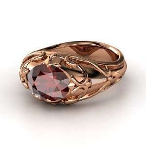    Hearts Crown Ring, Oval Red Garnet 14K Rose Gold Ring Jewelry