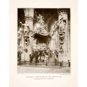 1914 Print Pulpit Collegiate Church St Michael Gudule Brussels Belgium 