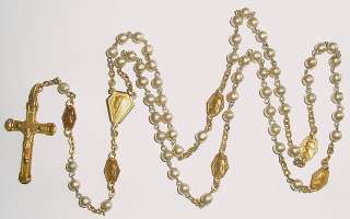 ART DECO ROSARY TINY GOLD MEDALS GLASS PEARL BEADS 1920  