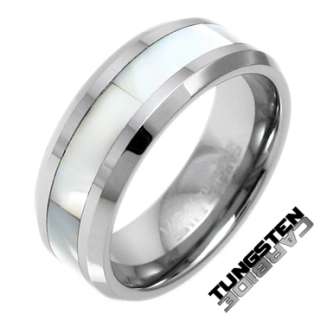 Tungsten Carbide Mother of Pearl Inlaid Stripe Beveled Band Ring Size 