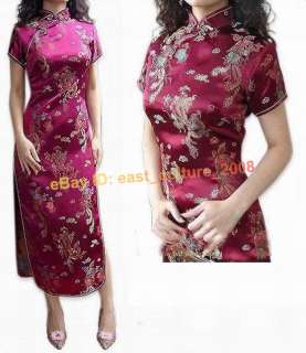Chinese Long Silk Cheongsam Evening Dress Burgundy WLD  