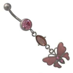  Sarita Silver Pink Crystal Surgical Steel Belly Bar 