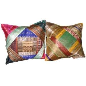   Green Sari Zari Borders Toss Pillow Cushion Covers