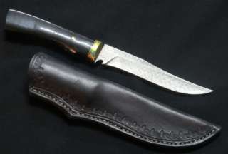 HAND MADE CUSTOM DAMASCUS HUNTING KNIFE WITH A POLISHED BUFFALO GRIP 