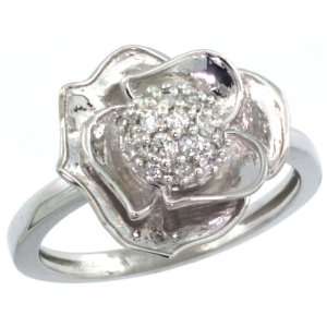 14k White Gold Rose Flower Diamond Ring w/ 0.21 Carat Brilliant Cut 