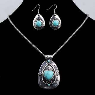 Tibet silver Round Heart Turquoise Blue Chain Necklace Earrings Set 