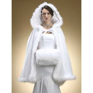 Mid Length Hooded Satin Bridal Cloak with Faux Angora Trim White by 