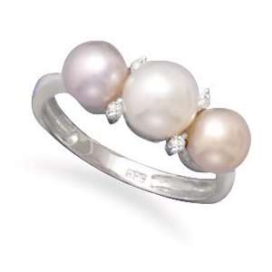   Ring with Multi Color Freshwater Button Pearls and Diamonds / Size 7