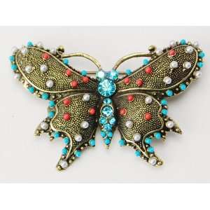 Vintage Inspire Turquoise Bead Southwest Crystal Rhinestone Butterfly 