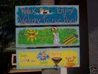 Handpainted Tropical Whimsical Pool Decor Wood Sign  