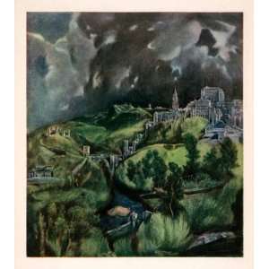 1937 Photolithograph Painting Cityscape Landscape View Storm Greco 