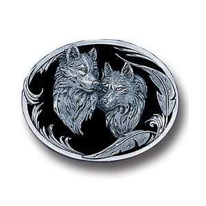 Pewter Belt Buckle   Two Wolves 