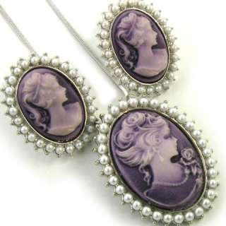 VTG Design Pearl Lady Purple Cameo Necklace Earring Set  