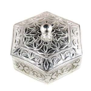  Jewelry Box in Sterling Silver Hexagonal Shape Hand Carved 