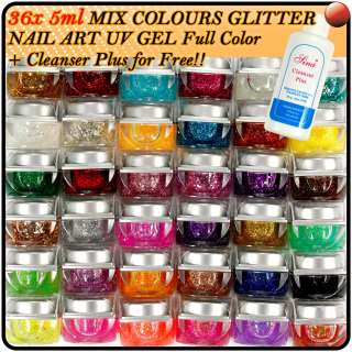 36 X Mix Colors Nail Art Tips Glitter UV Builder Gel Kit+Cleanser Plus 