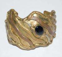 Vintage Mexico Brass Onyx Arts & Crafts Cuff Bracelet  