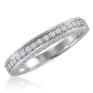 Pave Diamond Wedding Band Ring in Milgrain 14k White Gold Band (G, SI1 