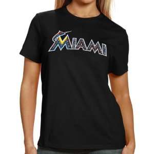 MLB Miami Marlins Ladies Sequin Jersey Logo Premium T Shirt   Black 