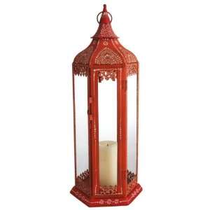  Mehndi Handpainted Red Orange Pillar Holder Lantern Metal 