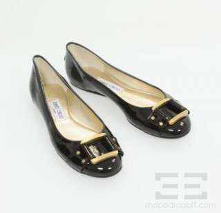 Jimmy Choo Black Patent Leather Gold Buckle Ballet Flats Size 38.5 NEW 