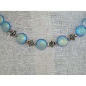  Iridescent Blue Silver Bead Necklace Handmade USA 1423 