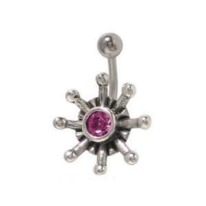  Flower Belly Button Ring with Purple Cz Jewel Jewelry