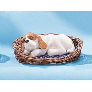  Small Bloodhound Puppy Sleeping In Basket Figurine 