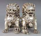 11 Old Chinese Pair Silver Foo Fu Dog Lion Statue  
