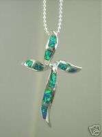 Silver Rhodium Man Made Black Opal Ribbon Cross Pendant  