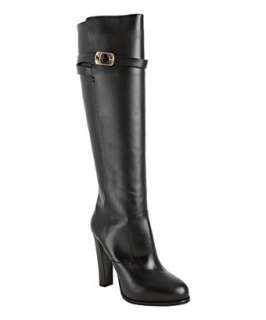 Fendi black leather heeled logo buckle boots  