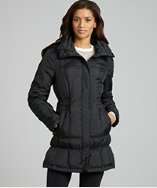 Cole Haan black quilted cinched waist hooded down jacket style 