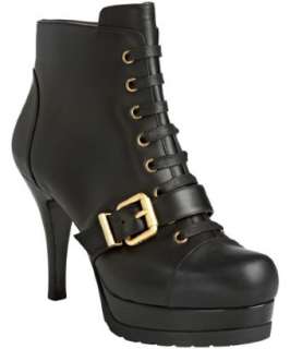 Fendi black leather lace up buckle booties  