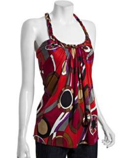 Sky red abstract print silk halter top  