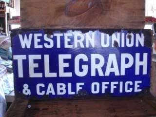 C1930S PORCELAIN WESTERN UNION TELEGRAPH CO. & CABLE OFFICE SIGN 